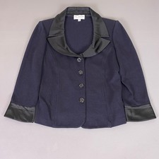 St. John Evening Santana Knit Jacket Size 10 Navy Blue Satin Trim Rhinestone