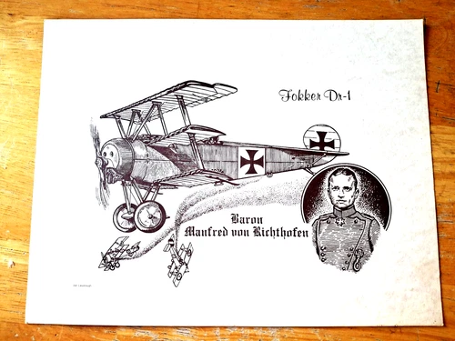 Baron Manfred Von Richthofen RED BARON FOKKER DR-1 WW1 Print 8 1/2 x 11 Military