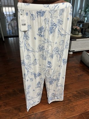 Cozy Earth Bamboo Stretch-Knit Pajama Pants Drawstring Floral White/Blue M