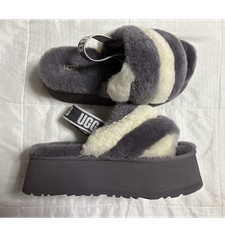 UGG Platform Striped Fur Slippers Gray Logo Women's Size 8 Wool Open Toe