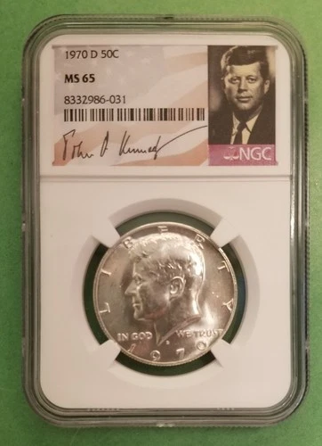 1970-D 50c Silver Low Mintage Key Date MS65 Half Dollar Kennedy Signature Label