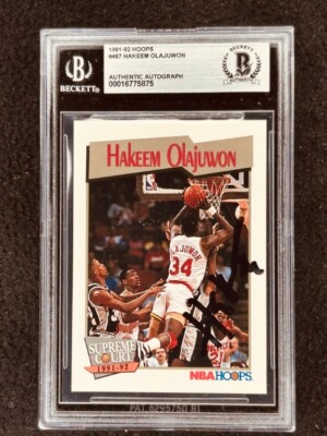 Hakeem Olajuwon signed Houston Rockets 1991-92 Hoops Supreme Court card BAS slab