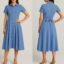 Ivy + Blu Striped Shirt Dress Fit & Flare handkerchief hem Cotton Blue White 10