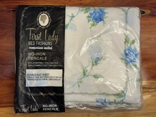 Vtg First Lady Percale Double Flat Sheet Blue Rose Floral 54”x 75” Made In USA
