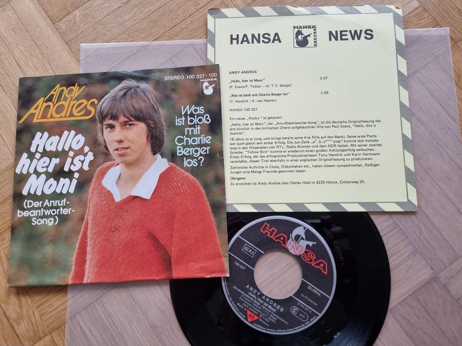 7"" Single Andy Andres - Hallo, hier ist Moni Vinyl Germany PROMO FACTS