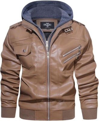 HOOD CREW Men's PU Faux Leather Motorcycle Bomber Jacket