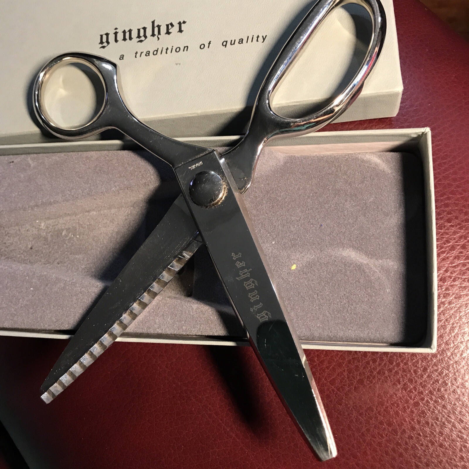 Vintage Gingher Pinking Shears w/Box G7P Brazil Chrome Scissors Right