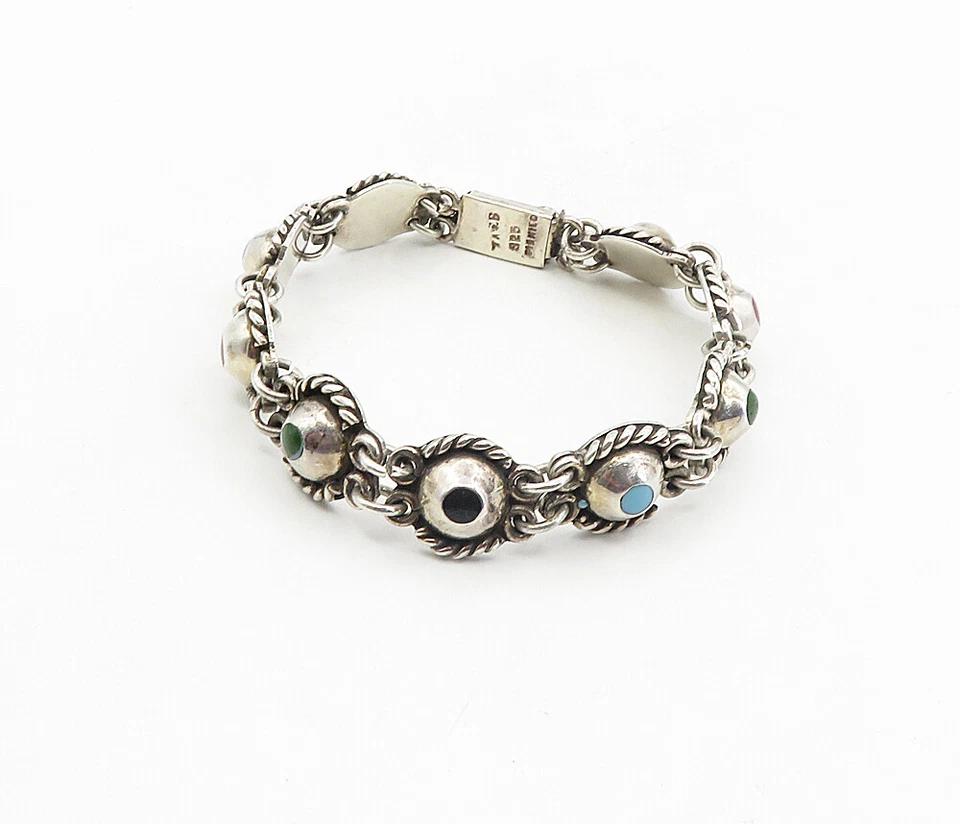 MEXICO 925 Silver  Vintage Turquoise Onyx & Jasper Chain Bracelet  BT3954 - Image 3 of 4