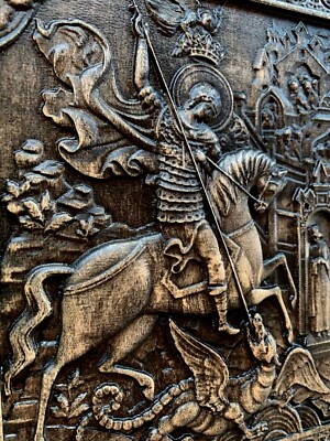 Saint George on a horse killing a dragon wood carved icon Religious Wall Hanging