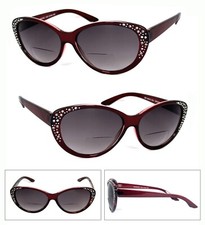 Womens Cat Eye Rhinestones Bifocal Sunglasses Sun Reader Burgundy Frame
