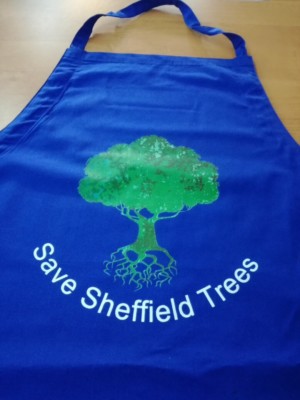 Save Sheffield Trees blau 100% Baumwolle Schürze grün Baum Design auf Latz. Reduziert!