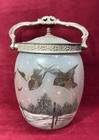 LEGRAS ENAMELLED JAR BARREL GLASS SEAU POT A BISCUIT EMAILLE PAYSAGE OISEAUX