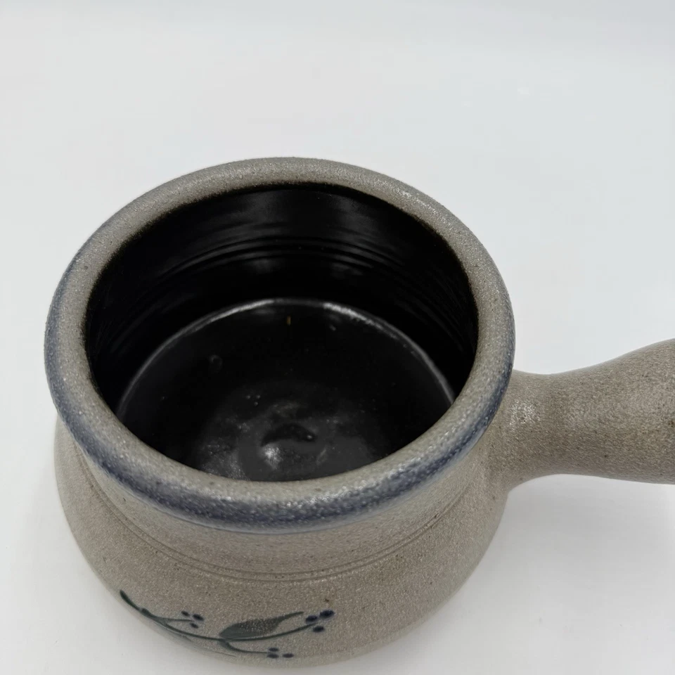 Rowe Pottery Works Salt Glazed Soup Crock Bowl Salt Glaze Blue Floral Design 9” - Image 4 of 4