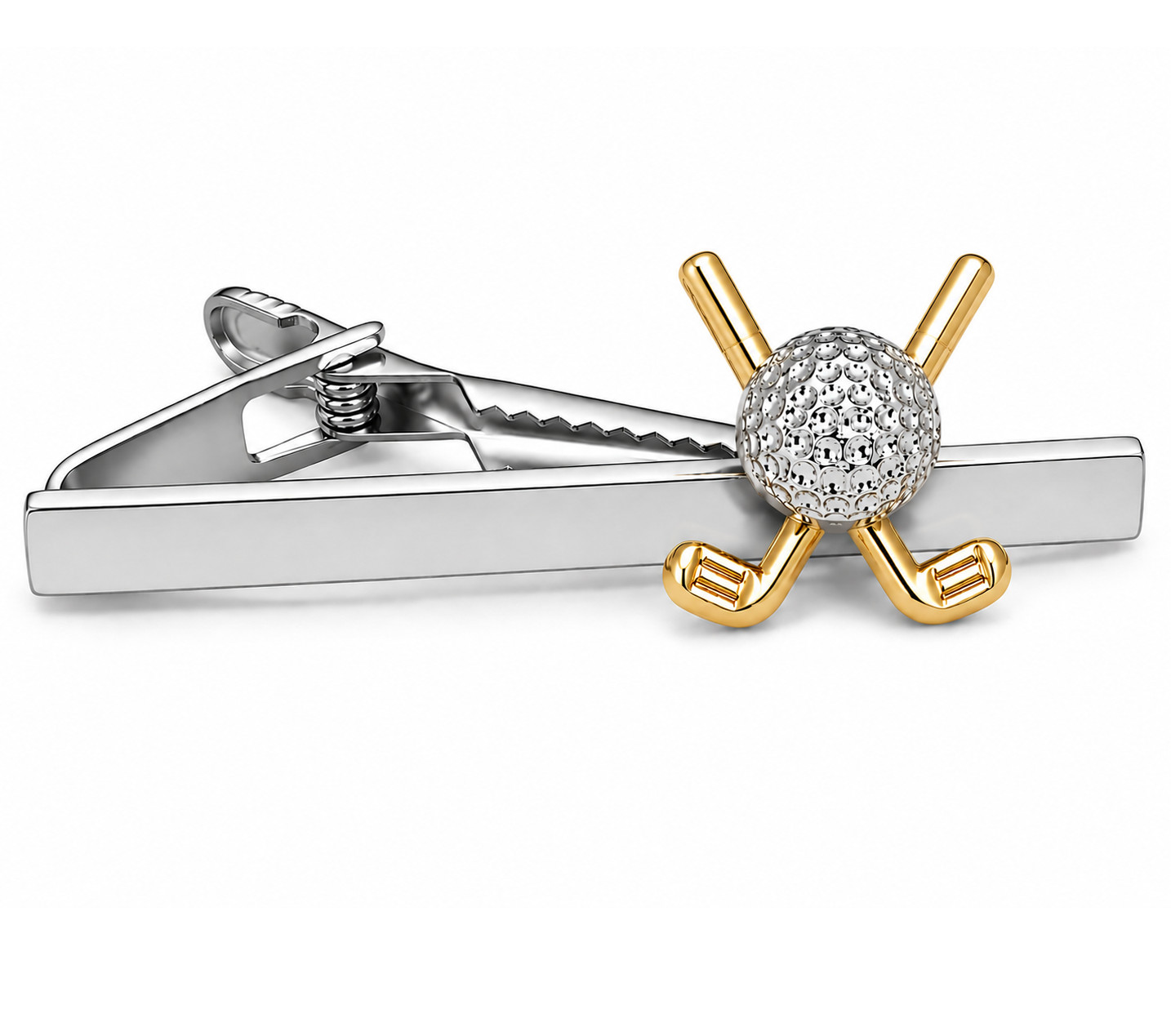 Golf Ball & Crossed Clubs Tie Clip for Men, Onyx-Art Silver Tone Novelty Tie Bar