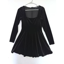 Lulus Black Velvet Long Sleeve Skater Dress Square Neck Mini Small