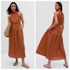 Gap Rust Orange Satin High Neck Midi Dress - Size Medium