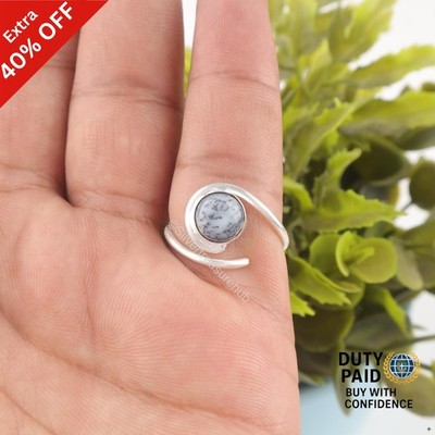 Round Dendrite Opal Gemstone Sterling Silver Wedding Band Statement Promise Ring