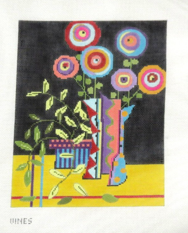 Penny MacLeod Vines Plant and Flowers in Vase Handpainted Needlepoint Canvas