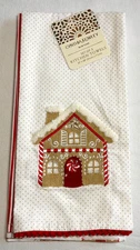 CYNTHIA ROWLEY KITCHEN TOWELS (3) GINGERBREAD HOUSE RED STRIPES 100% COTTON NWT