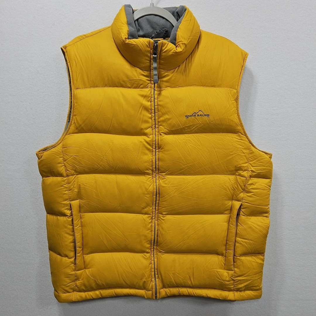 Eddie Bauer Vest Mens XL Yellow Premium Goose Down Puffer Quilted Nylon Outdoors