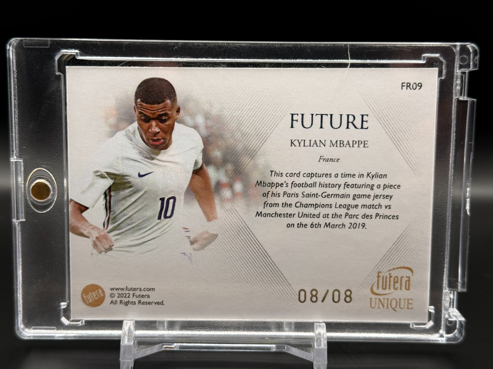 2022 FUTERA UNIQUE FUTURE KYLIAN MBAPPE GAME MEMORABILIA MATCH WORN FR09 08/08 view 2