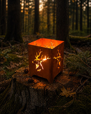 Feuerkorb HIRSCHKOPF  inkl. Partylicht Metall Stahl Design Rost Tischdeko H24cm