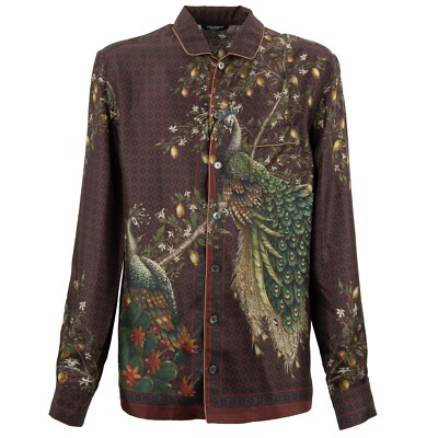 DOLCE & GABBANA Lemon Peacock Bird Pyjama Silk Shirt Brown Green 48 4 M 13409