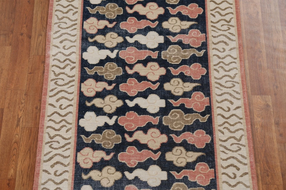 Navy Blue/ Ivory Geometric Art Deco Turkish 3x12 Runner Rug Hand-knotted Carpet - Image 4 of 4