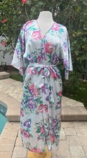 Vtg California Dynasty Satin Floral Purple Pink Lounge House Wrap Robe Medium