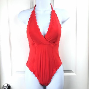 red scalloped one piece swimsuit
