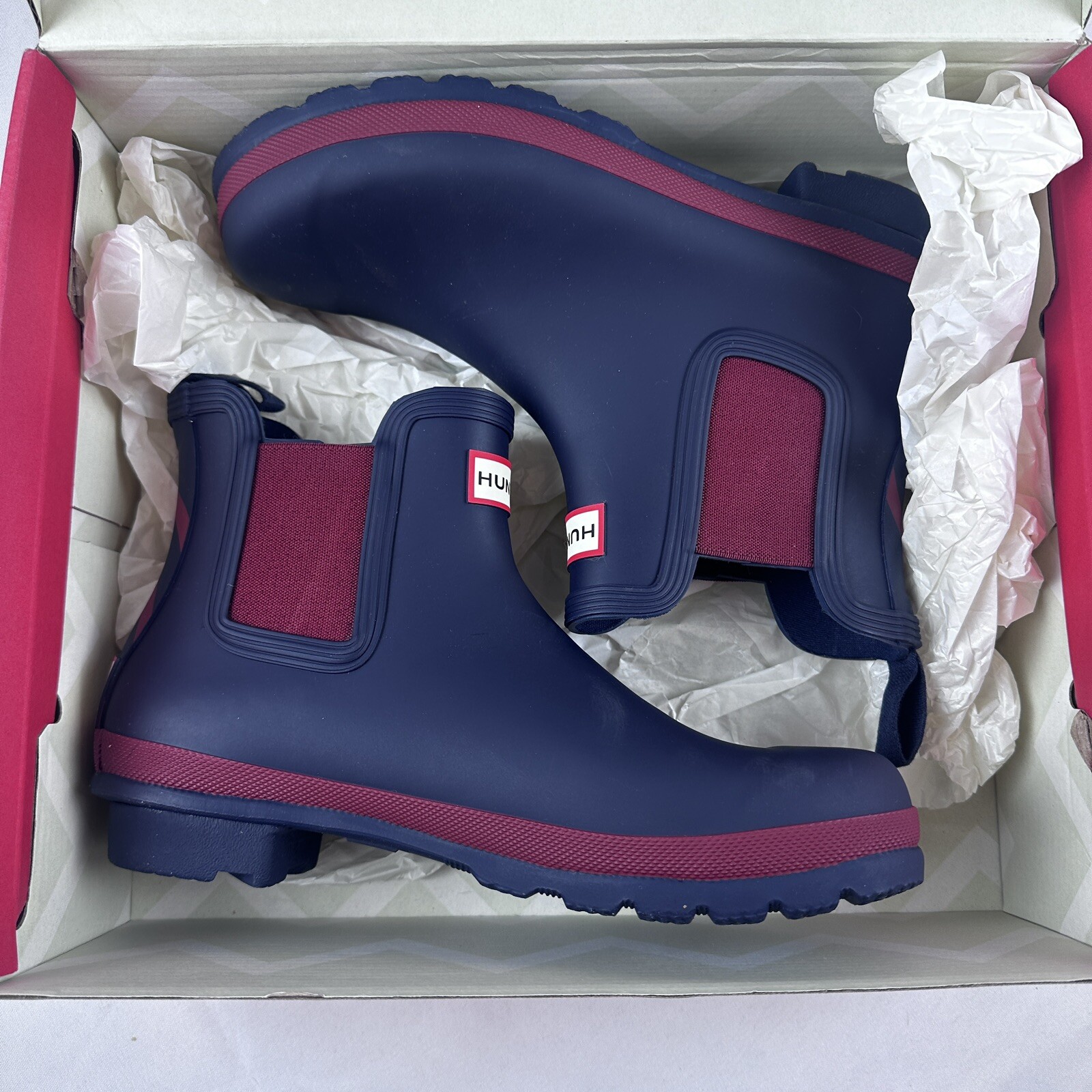 FILA Stivali da pioggia corti Hunter X Rowing Blazers donna US8 EU39 UK6 zigzag NUOVI blu