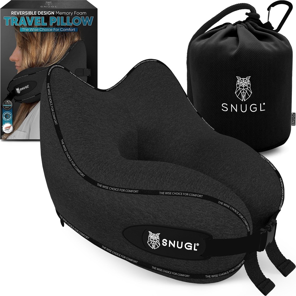 TRAVEL PILLOW Memory Foam Neck Support Cushion Jet Black Small SNUGL