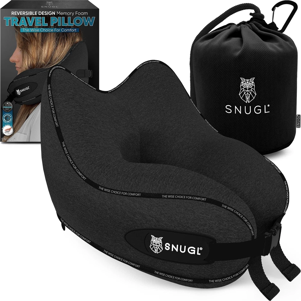TRAVEL PILLOW Memory Foam Neck Support Cushion Jet Black Small SNUGL