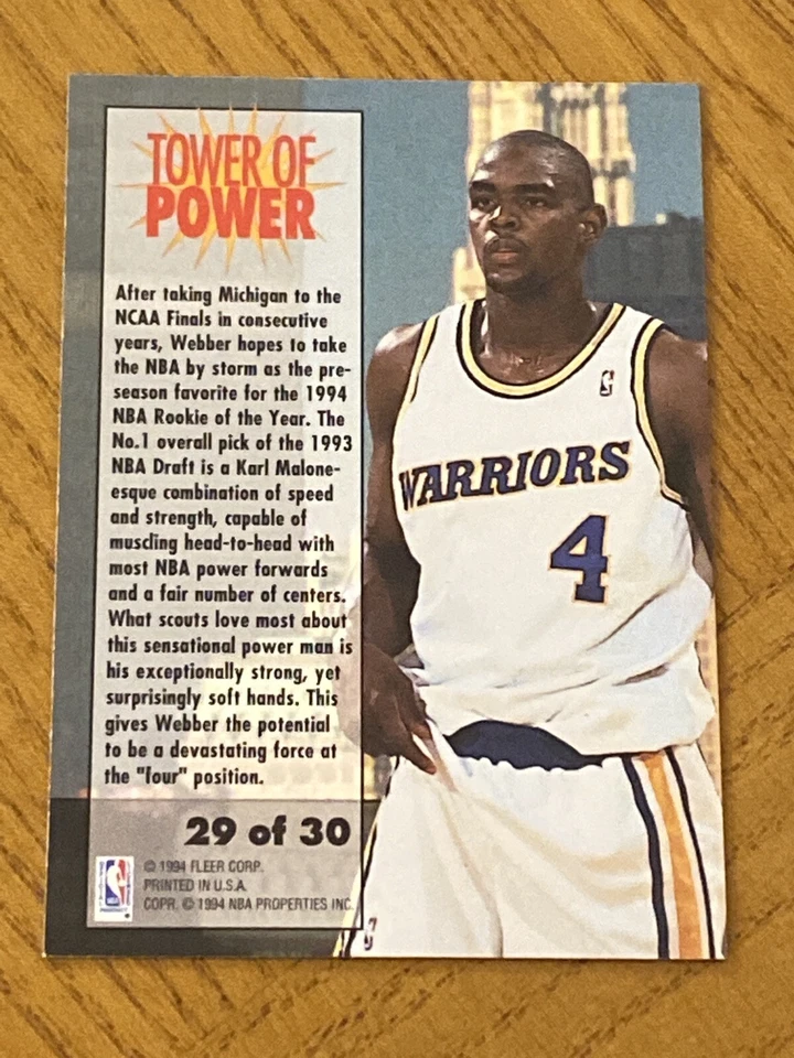 Vtg 1993-94 Fleer Tower Of Power #29 CHRIS WEBBER RC Warriors C NBA HOF NM/Mt SP - Image 2 of 2