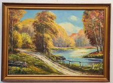 No: 1369 Antique Oil Painting Artwork with Frame Landscape Forest Lake Autumn