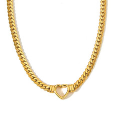 Gold Plated Stainless Steel Flat Chain Heart Love Pendant Choker Necklace for Wo