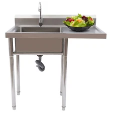 Stainless Steel Utility Sink with Drainboard and 360° Rotating Faucet
