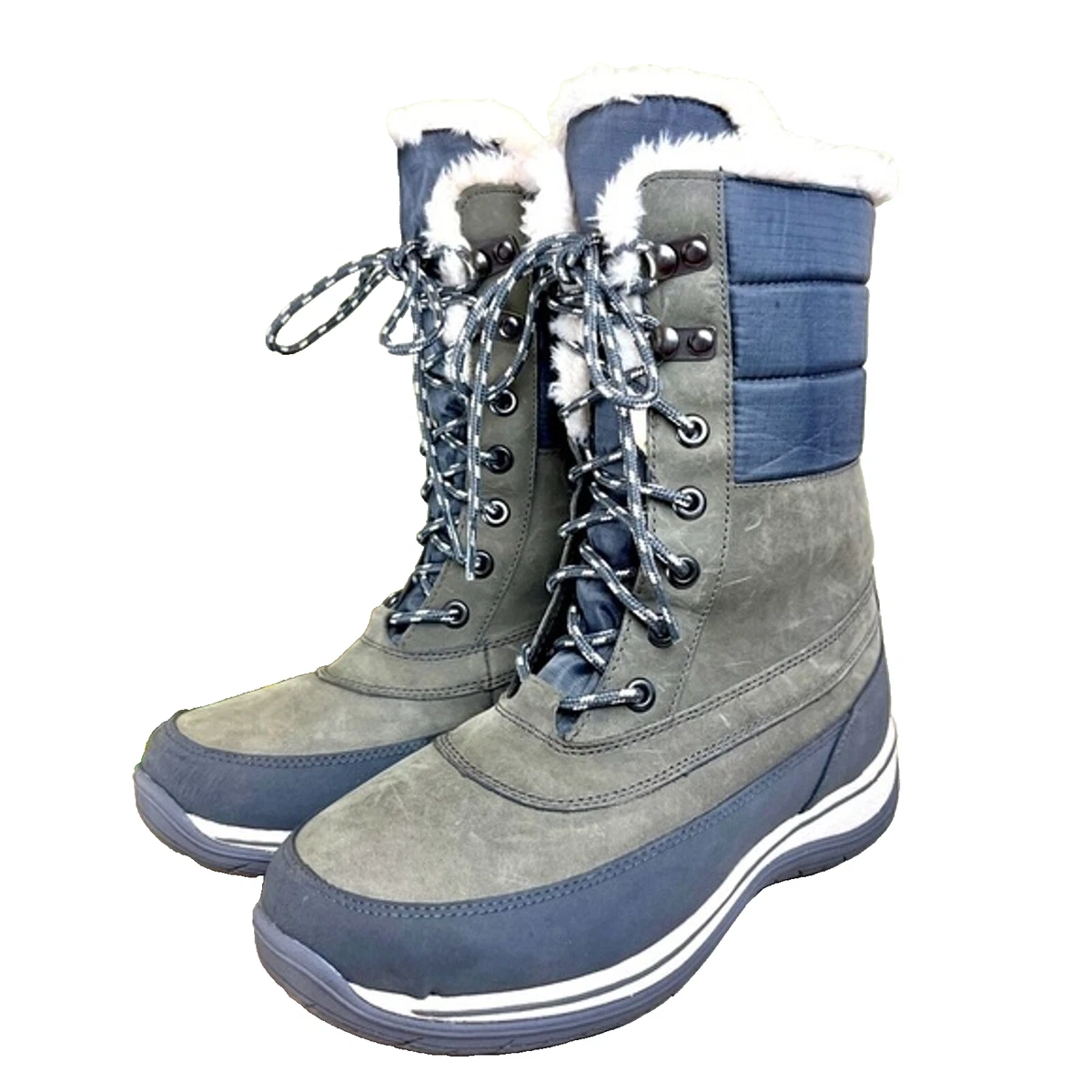 LANDS END Gray Expedition Boots Waterproof Winter Leather White