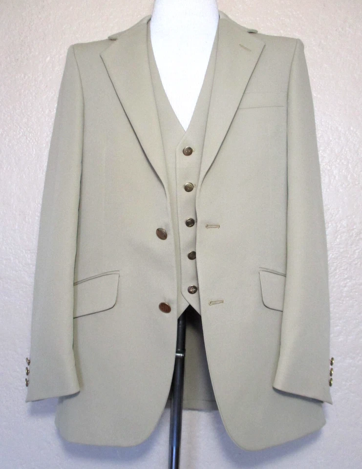 De Colección Años 70 Hardy Ames 3 Piezas Traje Chaqueta Pantalones Chaleco Para Hombres 40L Tostado Poli Foto 2 de 4