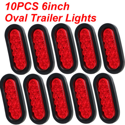 10 Red 6'' Oval Trailer Lights 10 LED Stop Turn Tail Truck Sealed Grommet Plug