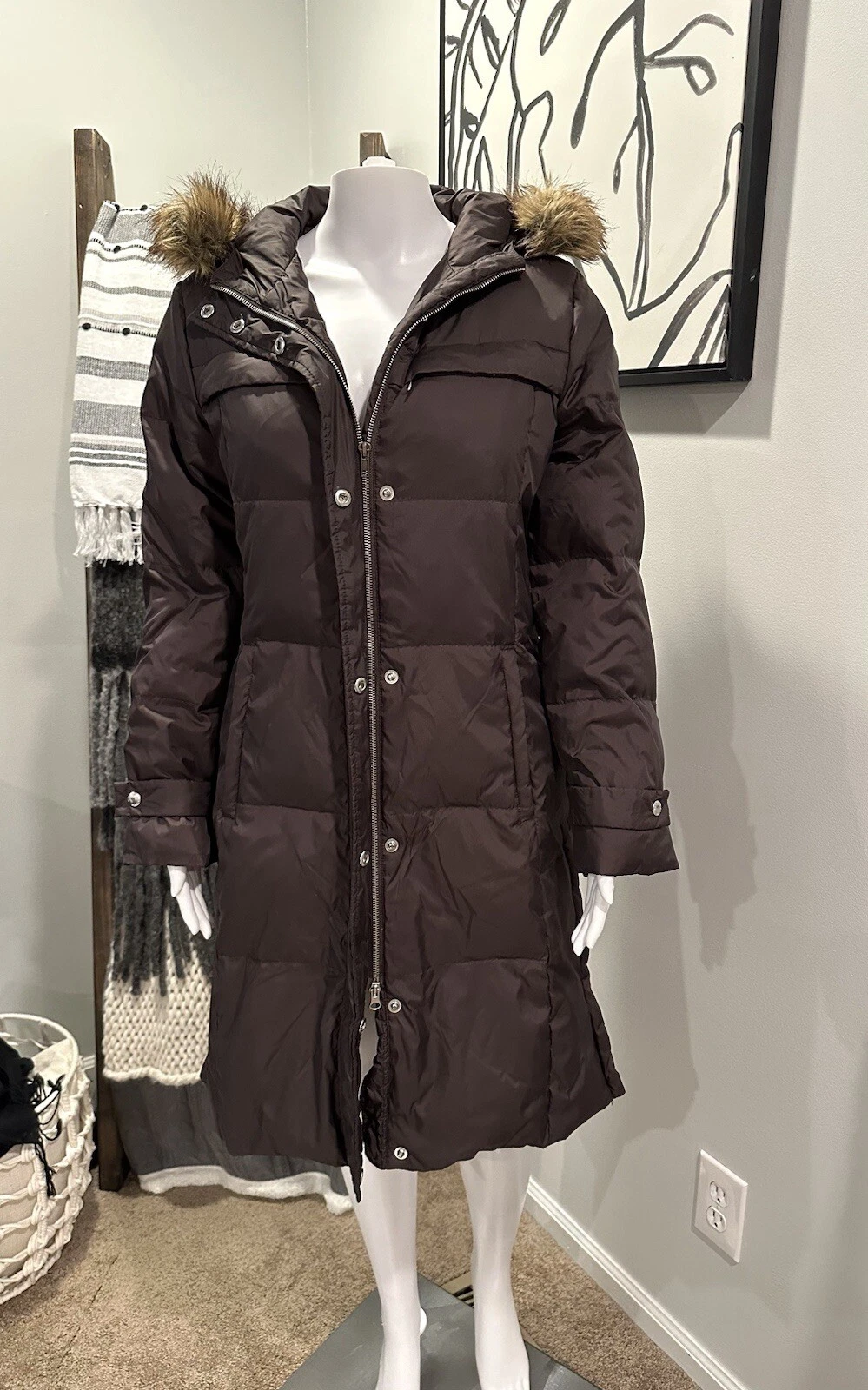 Michael Kors parka piumino donna M cappotto invernale cappuccio con bordo pelliccia marrone