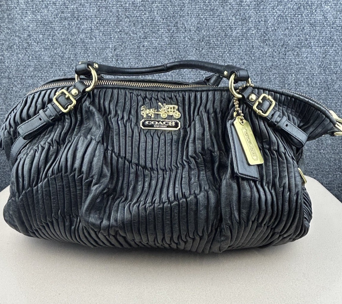 Coach Madison Sophia Gathered Leather Satchel Bag Black Gold Purple Satin Lining