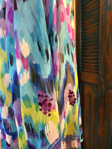 Laura Ashley 100% Seide Modern Art Jacke 2X Blau Lila Grün Pailletten Lebendig - Bild 8 von 14
