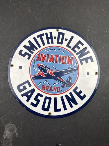 VINTAGE SMITH-O-LENE AVIATION GASOLINE / MOTOR OIL PORCELAIN GAS PUMP SIGN