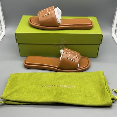 Tory Burch Double T Sport Slide Women 5 Nappa Leather Bourbon Miele Gold Sandals