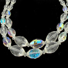 Vintage Bib Necklace 2 Strand Aurora Crystal Mid Century Bead 16" Silver Tone