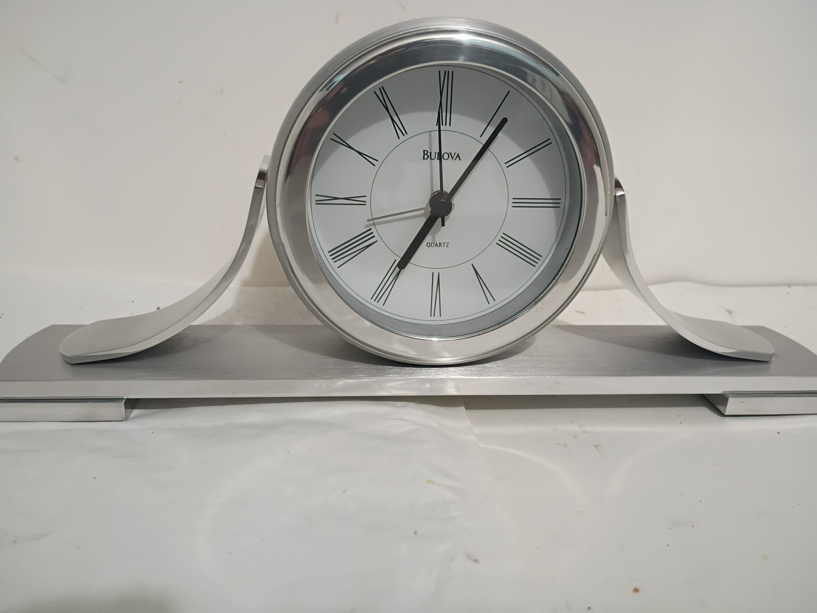 Bulova Sedona Tabletop Brushed Aluminum Clock B2450 Roman Numerals.