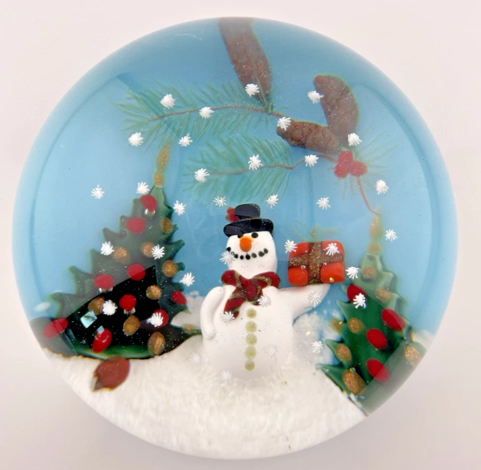RICHARD LOESEL 2023 Holiday Snowman & Trees Glass Paperweight W/Box 3.4" - image 3 of 4