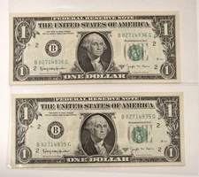 2 Consecutive 1963 B One Dollar Bills BARR NOTES  $1 UNCIRCULATED