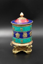 Table top Prayer Wheel with Eight Auspicious Symbols and Gemstones, 6"